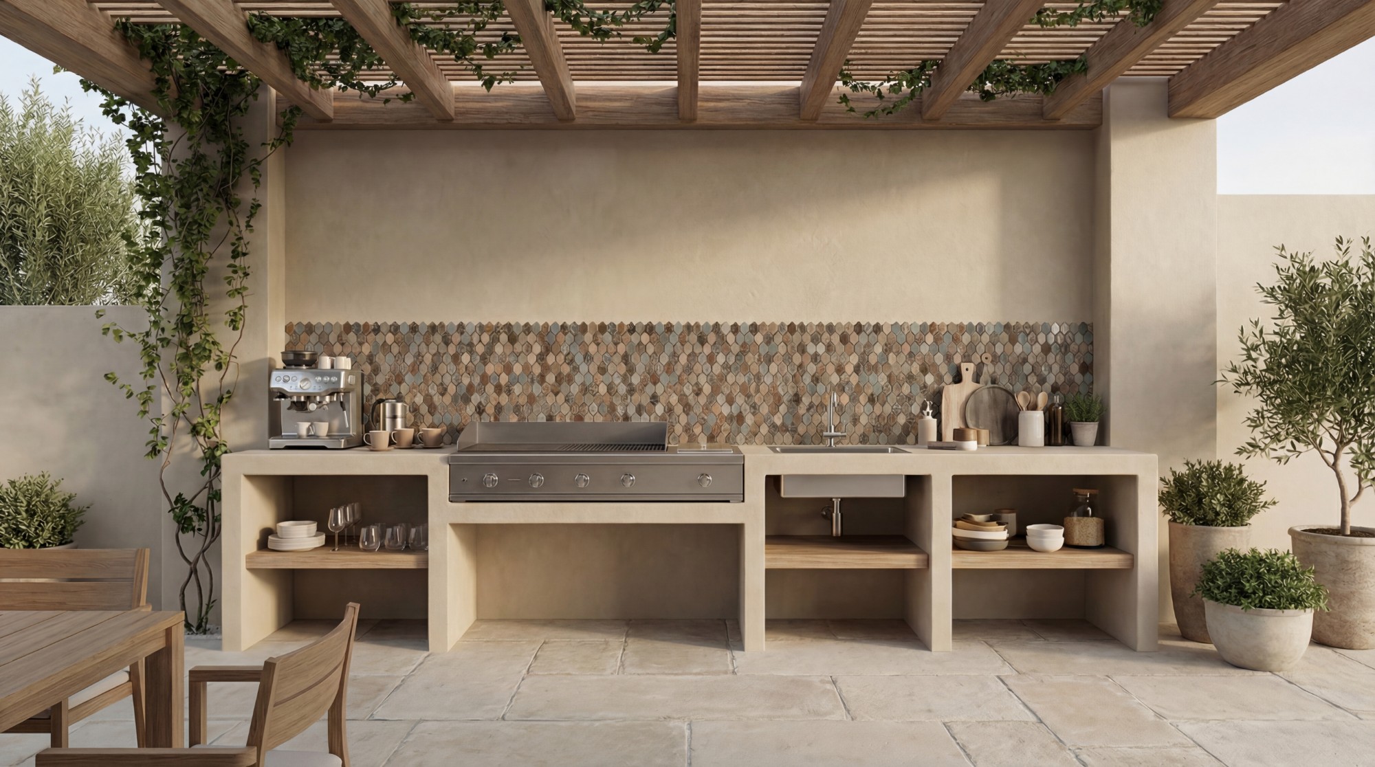 Cocina exterior con frente de mosaico decorativo y pavimento de piedra