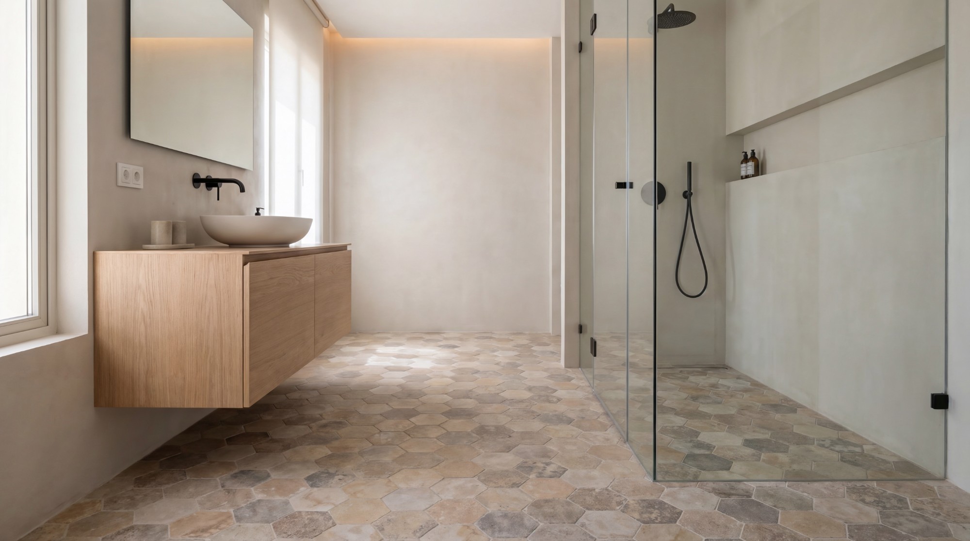 Baño con pavimento hexagonal de barro y mueble de madera natural