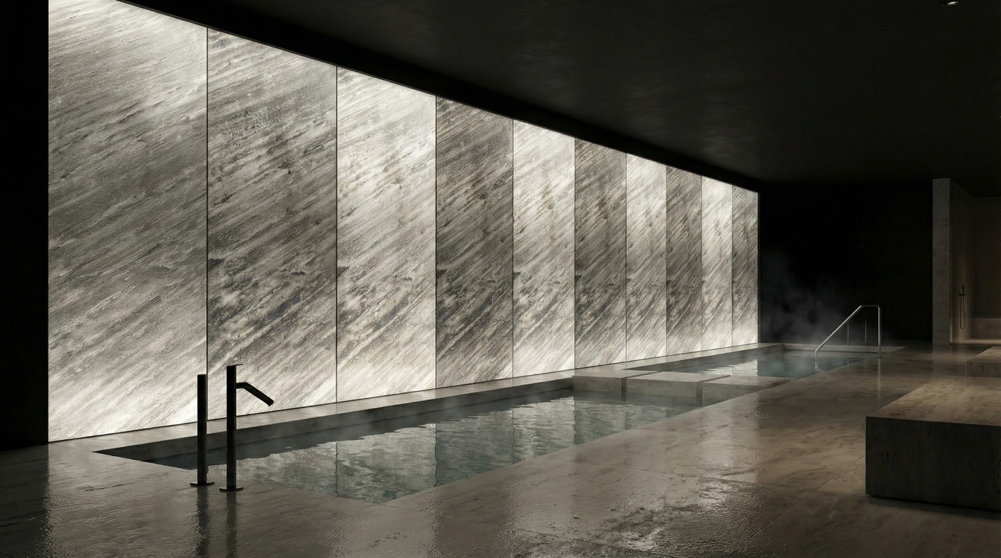 Spa con pared de piedra natural de gran formato retroiluminada