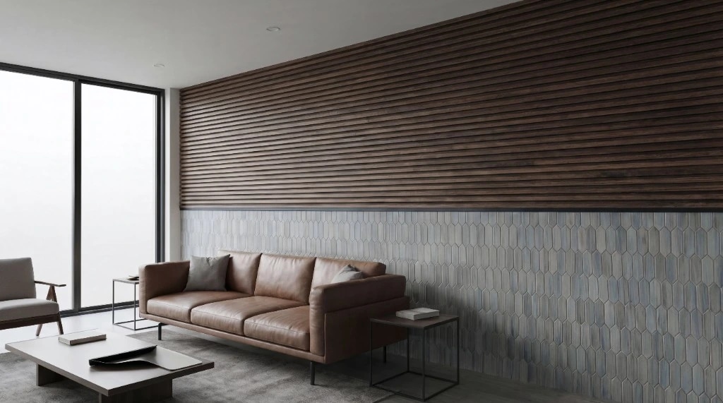 Salón contemporáneo con revestimiento hexagonal y panel de madera