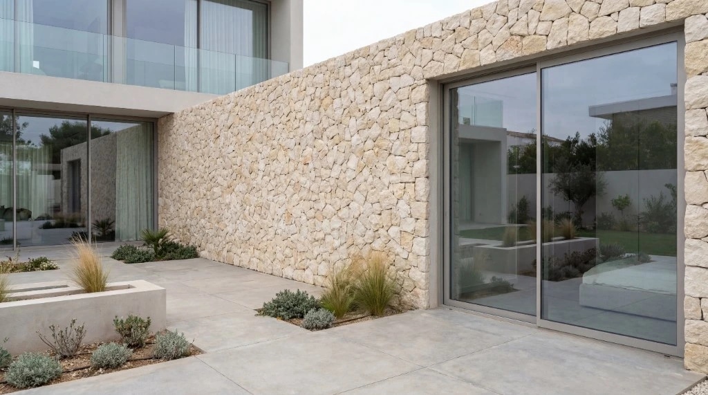 Patio contemporáneo con muro de piedra natural y grandes cristaleras
