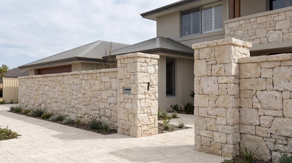 Fachada y muro de piedra natural en vivienda contemporánea